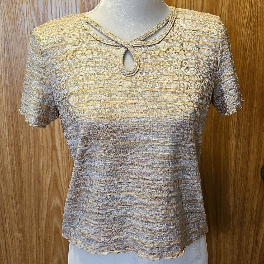 Vintage Alfred Dunner Top Keyhole Neckline Ruffle Hems Stretchy Padded Shoulders